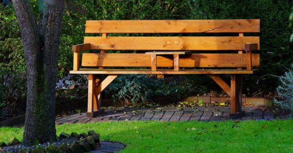Backyard Landscape - Wooden Bench in Garden