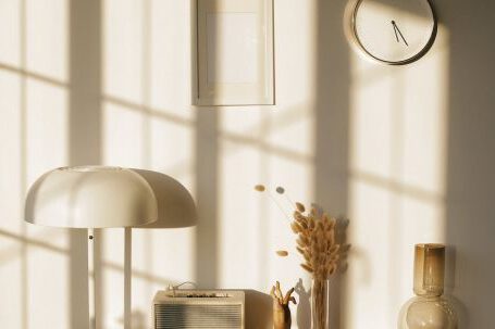 Retro Home - Light room with retro radio and decorative vases with dry plants on desk near wall with clock and window shadow in sunlight