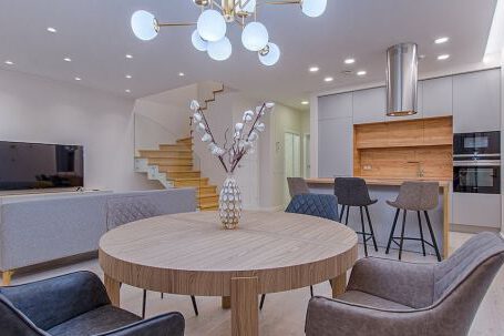 Lighting - Round Brown Wooden Table With Chairs Inside Room