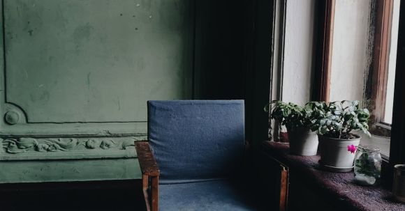 Furniture - Brown Wooden Framed Blue Fabric Armchair Beside Flowers in Pots on Window Sill during Day