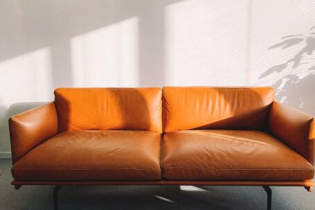 Furniture - 2-seat Orange Leather Sofa Beside Wall
