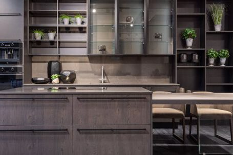 Kitchen Renovation - Contemporary kitchen interior design with empty dark furniture and decorative vases and plants